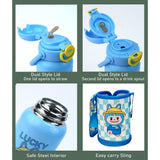 Blue  Checks Labubu with Matching Cover Stainless Steel Water Bottle for Kids, 500 ml