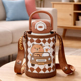 Brown checks Capybara with Matching Cover Stainless Steel Water Bottle for Kids, 500 ml