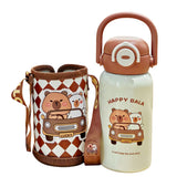 Brown checks Capybara with Matching Cover Stainless Steel Water Bottle for Kids, 500 ml