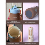 Brown  Green Lid Moo series insulated thermos Bottle with detachable filter for Kids and Adults, 600ml