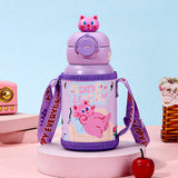 Purple Cat 3d Face Lid with Matching Cover Stainless Steel Water Bottle for Kids, 550 ml