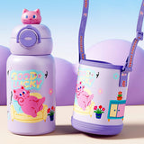 Purple Cat 3d Face Lid with Matching Cover Stainless Steel Water Bottle for Kids, 550 ml