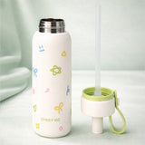 Cream Green Bow & Star Jumbo Straw Series Stainless Steel Water Bottle fot kids, Teens and Adults, 700 ml