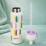 Cream Purple Brush stroke Jumbo Straw Series Stainless Steel Water Bottle for kids, Teens and Adults, 700 ml