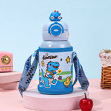 Blue DIno 3d Face Lid with Matching Cover Stainless Steel Water Bottle for Kids, 550 ml