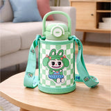 Green checks Labubu with Matching Cover Stainless Steel Water Bottle for Kids, 500 ml