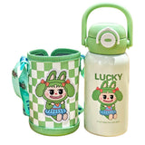 Green checks Labubu with Matching Cover Stainless Steel Water Bottle for Kids, 500 ml