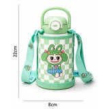Green checks Labubu with Matching Cover Stainless Steel Water Bottle for Kids, 500 ml