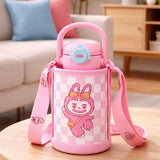 Pink checks Labubu with Matching Cover Stainless Steel Water Bottle for Kids, 500 ml