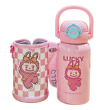 Pink checks Labubu with Matching Cover Stainless Steel Water Bottle for Kids, 500 ml