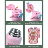 Pink checks Labubu with Matching Cover Stainless Steel Water Bottle for Kids, 500 ml