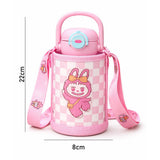 Pink checks Labubu with Matching Cover Stainless Steel Water Bottle for Kids, 500 ml