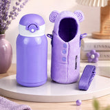 Purple Bear Design, Two Lid Series with Plush Cover, Stainless Steel Water Bottle & Hot thermos flask for Kids and Toddlers, 500ml