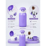 Purple Bear Design, Two Lid Series with Plush Cover, Stainless Steel Water Bottle & Hot thermos flask for Kids and Toddlers, 500ml