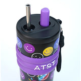 Purple Smiley Fluorescent series Stainless Steel Tumbler and Water Bottle for Kids and Adults, 550ml