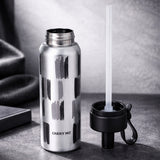 Shiny Black Jumbo Straw Series Stainless Steel Water Bottle for kids, Teens and Adults, 700 ml