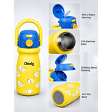 Yellow Blue Clouds Design, Stainless Steel Dual Lid Water Bottle for Kids, 500ml