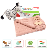 Newborn Gift Set - Knitted Cotton Blanket, Zebra Plush Toy, Elephant & Car Teether