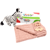 Newborn Gift Set - Knitted Cotton Blanket, Zebra Plush Toy, Elephant & Car Teether