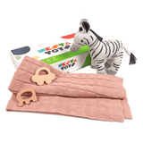 Newborn Gift Set - Knitted Cotton Blanket, Zebra Plush Toy, Elephant & Car Teether