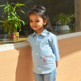 Snowman Embroidered Denim Shirt - Blue