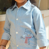 Snowman Embroidered Denim Shirt - Blue