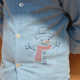Snowman Embroidered Denim Shirt - Blue