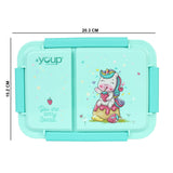Youp Stainless Steel Green Color Unicorn Theme Kids Bento Lunch Box With 2 Compartments Picnic - 750 ml