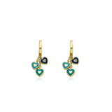 Hoop Earring with Blue & Turquoise Enamel hearts Cluster Dangle