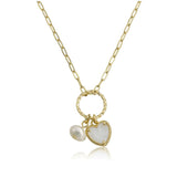 Paperclip Link Chain Necklace with Mother of Pearl Heart and Fresh Water Pearl on Rope Ring Pendant