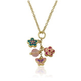 Multi Color Enamel Butterflies, Flowers & Pink Crystal Center Cluster Necklace