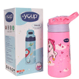 Youp Stainless Steel Insulated Pink and Purple Color Space Theme Kids Anti-dust Sipper Bottle Tinkler - 400 ml