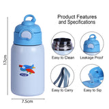 Youp Stainless Steel Blue Grey Color Aeroplane Print Kids Insulated Sipper Bottle with Leather Cover and Strap Tiago - 500 ml
