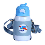 Youp Stainless Steel Blue Grey Color Aeroplane Print Kids Insulated Sipper Bottle with Leather Cover and Strap Tiago - 500 ml
