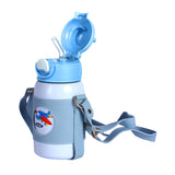 Youp Stainless Steel Blue Grey Color Aeroplane Print Kids Insulated Sipper Bottle with Leather Cover and Strap Tiago - 500 ml