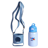 Youp Stainless Steel Blue Grey Color Aeroplane Print Kids Insulated Sipper Bottle with Leather Cover and Strap Tiago - 500 ml