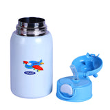 Youp Stainless Steel Blue Grey Color Aeroplane Print Kids Insulated Sipper Bottle with Leather Cover and Strap Tiago - 500 ml