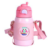 Youp Stainless Steel Pink Color Owl Print Kids Insulated Sipper Bottle with Leather Cover and Strap Tiago - 500 ml