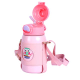 Youp Stainless Steel Pink Color Owl Print Kids Insulated Sipper Bottle with Leather Cover and Strap Tiago - 500 ml