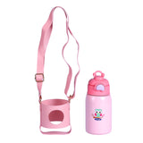 Youp Stainless Steel Pink Color Owl Print Kids Insulated Sipper Bottle with Leather Cover and Strap Tiago - 500 ml
