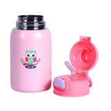 Youp Stainless Steel Pink Color Owl Print Kids Insulated Sipper Bottle with Leather Cover and Strap Tiago - 500 ml