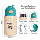 Youp Stainless Steel Green Yellow Color Car Print Kids Insulated Sipper Bottle with Leather Cover and Strap Tiago - 500 ml