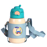 Youp Stainless Steel Green Yellow Color Car Print Kids Insulated Sipper Bottle with Leather Cover and Strap Tiago - 500 ml