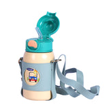 Youp Stainless Steel Green Yellow Color Car Print Kids Insulated Sipper Bottle with Leather Cover and Strap Tiago - 500 ml
