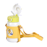 Youp Stainless Steel White Yellow Color Tiger Print Kids Insulated Sipper Bottle with Leather Cover and Strap Tiago - 500 ml