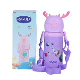 Youp Stainless Steel Purple Color Kids Favourite Print Sipper Bottle With Strap Style - 500 ml