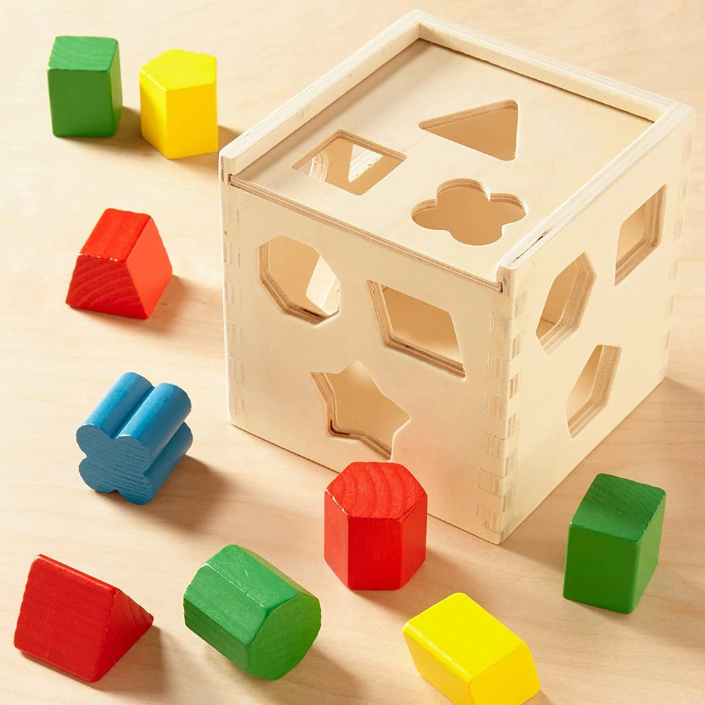 Shape Sorting Cube-Classic Montessori Wooden Toy with 15 Shapes-Kids Shape Sorter for Toddlers