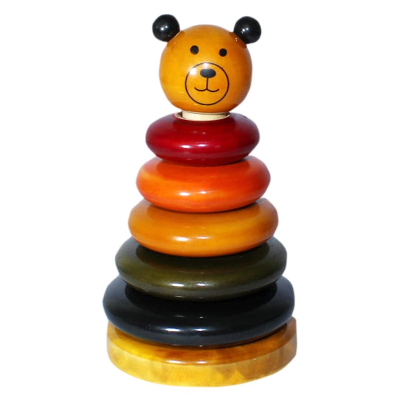 Handmade Channapatna wooden bear stacking toy for kids — multicolour ring stacker with 5 discs and bear head topper, BPA-free non-toxic natural wood, age 3 years and above, made in India