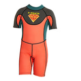 Superhero Green & Orange 2.5mm Neoprene Knee Length Kids Swimsuit, Half Sleeves Swimwear