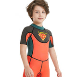 Superhero Green & Orange 2.5mm Neoprene Knee Length Kids Swimsuit, Half Sleeves Swimwear